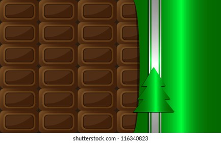 open bar of chocolate wrapped in colored foil with a decorative strip and christmas tree. holiday vector background