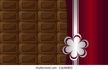 open bar of chocolate wrapped in colored foil with a decorative strip and flower. holiday vector background