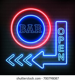 Open bar neon night signboard in arrow shape showing direction on brick wall background realistic vector illustration  