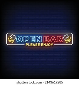 Open Bar Neon Signs Style Text Vector
