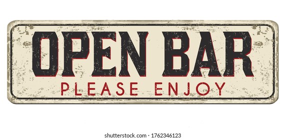 Open bar vintage rusty metal sign on a white background, vector illustration