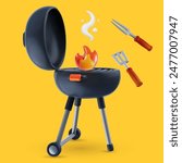 Open barbeque grill with fire and tools isolated on color background. Realistic bright cooking bbq device. Cartoon 3d vector illustration.