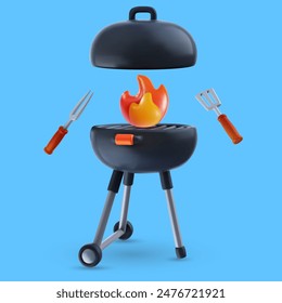 Open barbeque grill with fire and tools isolated on color background. Realistic bright cooking bbq device. Cartoon 3d vector illustration.