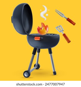 Parrilla de barbacoa abierta con fuego y herramientas aisladas sobre fondo de color. Dispositivo de barbacoa de cocina brillante realista. Ilustración vectorial 3d de dibujos animados.