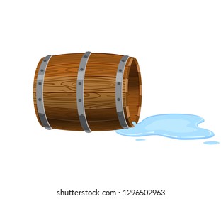 Open barrel lying on the ground, empty with spilled liquid, puddle, vector, isolated on white background, cartoon style