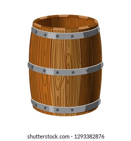 Open barrel wooden with metal stripes, for alcohol, wine, rum, beer and other beverages, or treasures, gunpowder. Isolated on white background. Vector illustration. Cartoon style.