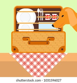 Open basket for a picnic with tableware. Dog looking for a food in picnic basket. vector illustration