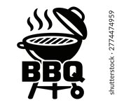 Open bbq grill icon with rising smoke and bold bbq lettering below. The design uses a clean flat vector style with black shapes, simple lines, and strong contrast, isolated on a white background. Suitable for logos, stickers, menu graphics, packaging, signage, and outdoor cooking branding.