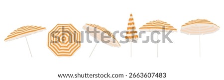 Open beach umbrella with orange and white stripes. Set with beach umbrella in different positions.	