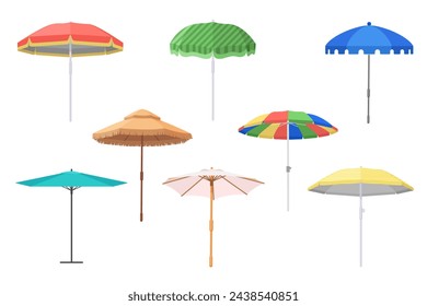 Open beach umbrellas set. Cute parasol collection for tropical sea summer holidays, outdoor garden or travel pool accessory for hot sun protection and shade summertime cartoon vector illustration