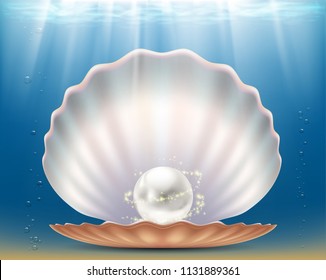 Open beautiful seashell with a precious pearl. Stock vector illustration.