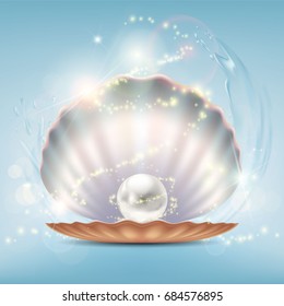 Open beautiful shell with a precious pearl. Stock vector close-up realistic illustration.