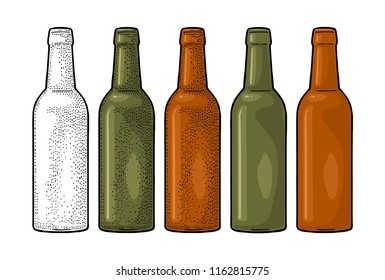 Open beer bottles with green, yellow and brown glass. Vintage flat color vector engraving illustration. Isolated on white background.