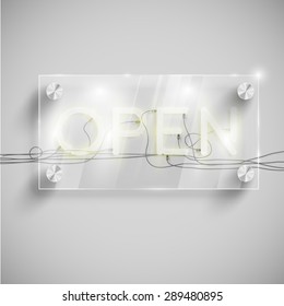 'Open' behind a glass table, vector