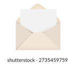 Open beige envelope with paper blank greeting card or letter. Realistic vector illustration of envelope with sheet paper,template