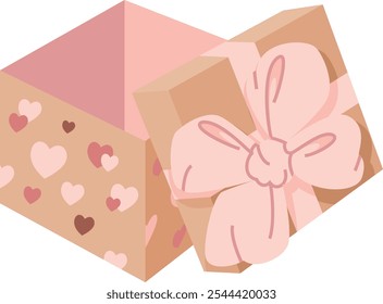 open beige gift box with bow. holiday present box, tied with pink wrapping ribbon. happy birthday, Christmas, New Year, wedding or Valentine day package concept. vector flat illustration isolated. 