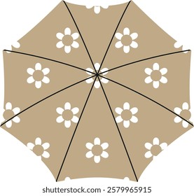 Open beige umbrella. Top view. Vector illustration isolated on transparent background. Parasol for rainy weather. Rain protection accessory.