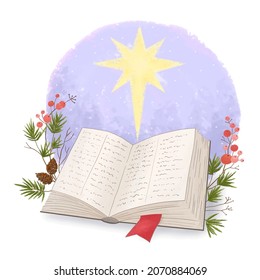 Open bible book with christmas star