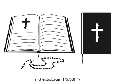 Open Bible with christian cross and holy rosary beads vector black silhouettes set isolated on a white background.