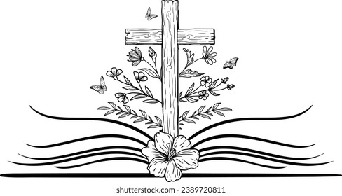Open Bible With a Cross, Bible, Faith, Jesus, Cross Flowers, Book Flowers, Christian, Laser cut file 