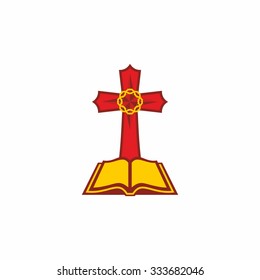 Open Bible, red, yellow, crown of thorns, cross, icon