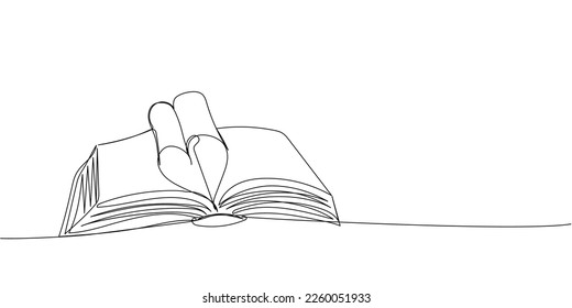 Open big book, heart-shaped pages, love story one line art. Continuous line drawing of book, library, education, school, study, literature, paper, textbook, knowledge, read, learn, page, reading.