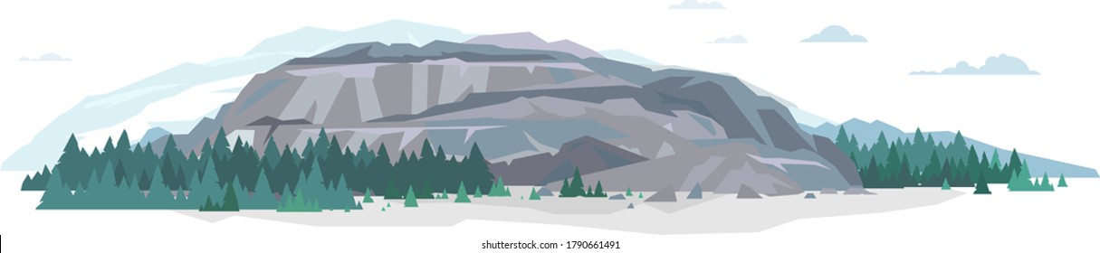 Open big gray rock with spruce forest and stones in flat style isolated illustration, rocks for mountaineering, abandoned quarry