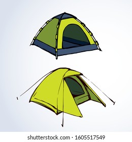 Open big hiker resort booth tarpaulin habitation on white backdrop. Bright yellow lime color hand drawn logo sketchy in art modern scribble contour style pen on paper. Closeup view and space for text