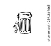 Open bin with lid beside it doodle cartoon hand-drawn vector trash can.