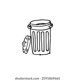 Open bin with lid beside it doodle cartoon hand-drawn vector trash can.