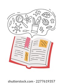 Open biology science book with flying elements flat icon. Vector illustration