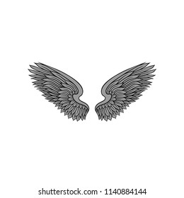 Open bird or angel wings with gray feathers and black contour. Old-school tattoo design. Vector for print, sticker or invitation