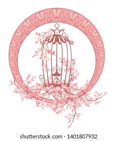 open bird cage among blooming tree branches and art nouveau style ornament frame - spring season vector design