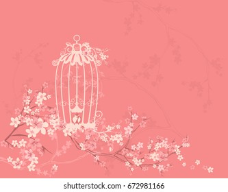 open bird cage among blossom flowers and tree branches - spring season floral vector design