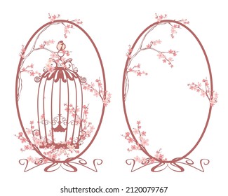 open bird cage and  blooming cherry tree branches composition inside art nouveau style ornament oval frame - romantic spring season vector design set