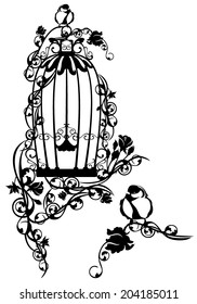 open bird cage twined with rose flowers with a little bird sitting free - black and white vector design