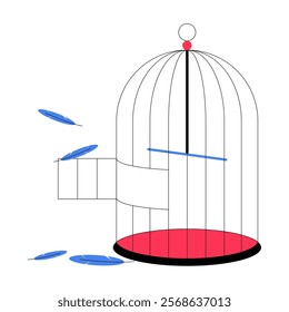 Open Birdcage With Fallen Feathers In Flat Vector Illustration Symbolizing Freedom, Escape, Abandonment, And Empty Page, Isolated On White Background