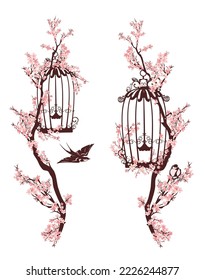 open birdcage and flying swallow bird among blooming sakura tree branches - spring season park nature vector design set