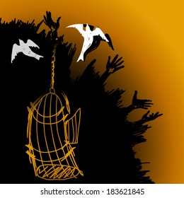 Open birdcage with white birds, doves