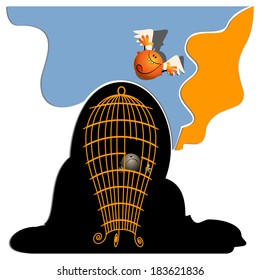 Open birdcage with a winged figure of expressing the freedom