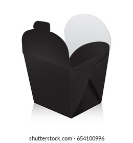 Open black blank wok box mockup. Vector 3d packaging. Carton box for asian or chinese take away food paper bag for your design