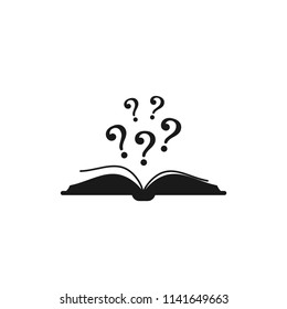 Open black book with black question marks flying out. Isolated on white background. Flat vector reading icon. Unknown book pictogram. Ask symbol. Curiosity logo.