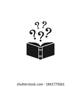 Open black book with black question marks flying out. Isolated on white background. Flat vector reading icon. Unknown book pictogram. Ask symbol. Curiosity logo.