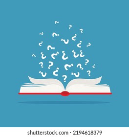 Open Black Book With Black Question Marks Flying Out. Isolated On White Background. Flat Vector Reading Icon. Unknown Book Pictogram. Ask Symbol. Curiosity Logo. EPS 10.