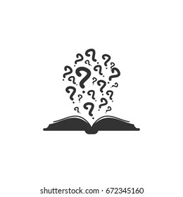 Open black book with black question marks flying out. Isolated on white background. Flat vector reading icon. Unknown book pictogram. Ask symbol. Curiosity logo.