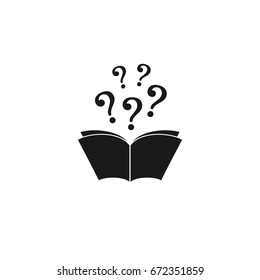 Open Black Book With Black Question Marks Flying Out. Isolated On White Background. Flat Vector Reading Icon. Unknown Book Pictogram. Ask Symbol. Curiosity Logo.