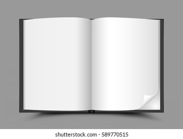 The open black book with shadow on gray background. Clear white sheets of paper. Writer template