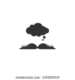 Open black book with speech bubble flying out. Isolated on white background. Flat reading icon. Vector illustration. quotation logo. Pictogram. Black and white