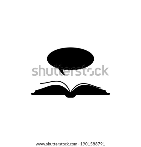 Open black book with speech bubble flying out. Isolated on white background. Flat reading icon. Vector illustration. quotation logo. Pictogram. Black and white
