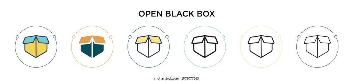 Open black box icon in filled, thin line, outline and stroke style. Vector illustration of two colored and black open black box vector icons designs can be used for mobile, ui, web